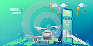 Travel Mobile Application , Travel Online booking on Website or smartphone as trip , transportation and Journey concept, Vector