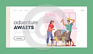 Travel Mood Landing Page Template. Couple Packing A Suitcase Together, Deciding On What To Bring For Their Upcoming Trip