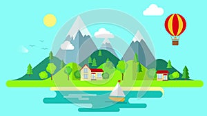 Travel mountains island landscape and sailing looped animated background.