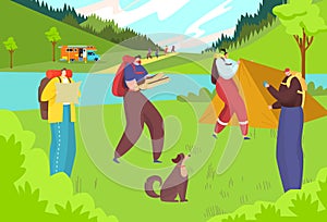 Travel at nature, hiking adventure vector illustration. Outdoor tourism, cartoon people make camp tent. Flat summer