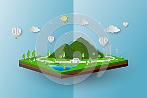 Travel with nature scenery on springtime,spring mountain meadow on isometric background