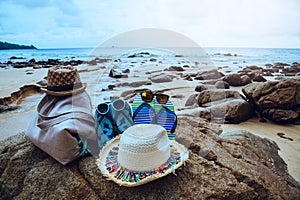 Travel nature summer holiday  background. sunglasses shoes hat Shoulder Bag.Travel relax