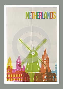 Travel Netherlands landmarks vintage paper poster