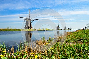 Travel in The Netherlands. Traditional Holland - Windmills in Kinderdijk - famous tourist site at sunny spring day