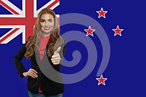 Travel in New Zealand. Happy cute girl student with New Zealand