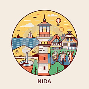 Travel Nida Line Circle Icon with Lighthousel