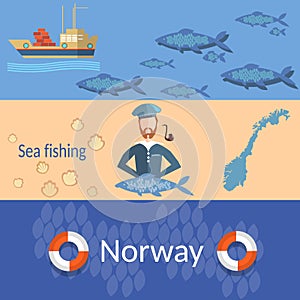 Travel Norway: sailors, ships, ocean, sea, fish, banners photo