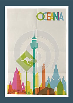 Travel Oceania landmarks skyline vintage poster