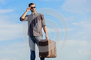 Travel often. traveler wait for flight. Move. sexy man sky background. businessman in glasses. business trip. macho man