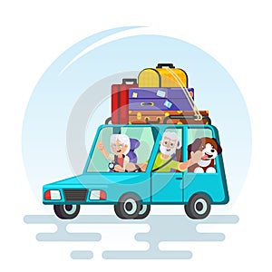 Travel in old age concept. Flat design. Elderly couple with baggage, car and dog going on journey. Grandparents summer vaca