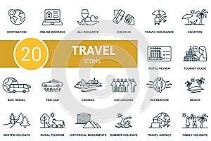 Travel outline icons set. Creative icons: destination, online booking, all inclusive, check in, travel insurance
