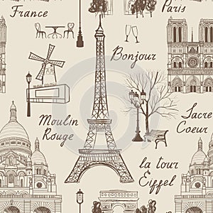 Travel Paris seamless pattern. Vacation in Europe wallpaper.