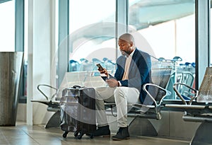 Travel, passport and phone with black man in airport for social media, business trip and and networking. Communication