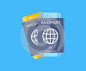 Travel passport and plane tickets and tourist destination of countries logo design. Top view plane, passport.