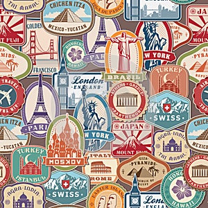 Travel pattern. Immigration stamps stickers with historical cultural objects