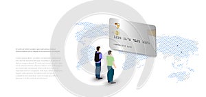 Travel and payment by card. Secure payments around the world. Money cards transfers and financial transactions. Vector illustratio