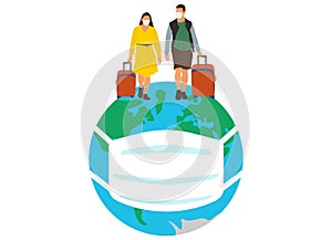 Travel of people around the world in medical masks due to the coronavirus pandemic. Vector illustration