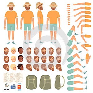 Travel people constructor. Body parts of happy travellers with various clothes tourist vector creation kit