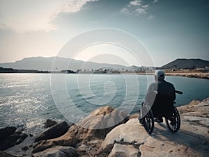 travel for people with disabilities. back view of a man in a wheelchair looking at the sea. AI generative