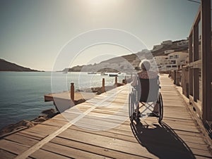 travel for people with disabilities. back view of a woman in a wheelchair looking at the sea. AI generative