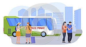 Travel people enjoying city bus tour talking looking paper map sightseeing location vector flat