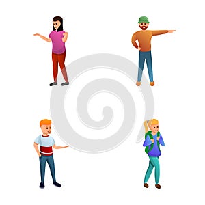 Travel people icons set cartoon vector. Male and female traveler character