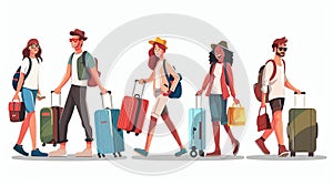 Travel people. Tourist man and woman with suitcase on vacation. Young and happy character with bag in tour icon set