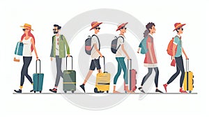 Travel people. Tourist man and woman with suitcase on vacation. Young and happy character with bag in tour icon set