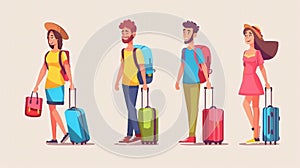 Travel people. Tourist man and woman with suitcase on vacation. Young and happy character with bag in tour icon set