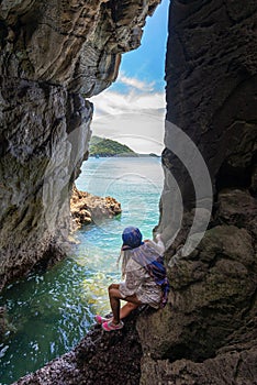 Travel people women tourist in a cave near the sea in Keo Sichang, holiday and vacations tourist,