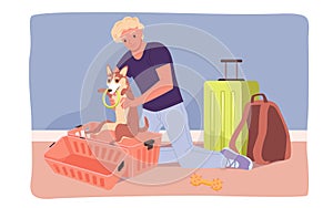 Travel with pet, man putting cute dog in plastic carrier box for trip in public transport