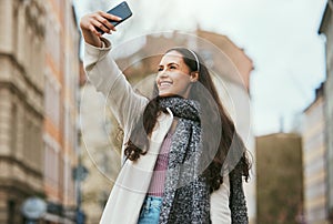 Travel, phone or woman takes a selfie for social media in city of Paris walking on a relaxing holiday vacation or