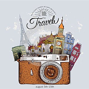 Travel photo background with retro camera