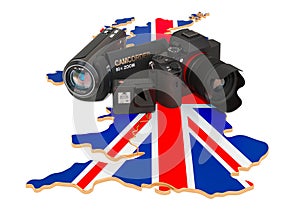 Travel and photo, video shooting in Great Britain. Digital camera, camcorder and action camera on the United Kingdom map. 3D