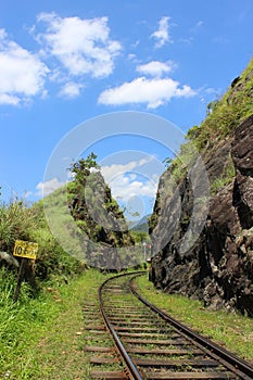 Travel photography: a railway track that goes through mountain landscape.