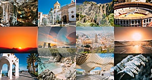 Travel Photos Set Bunch Pack Spain. Nerja, Ronda, Malaga. Famous Popular Places And Landmarks Destination Scenics