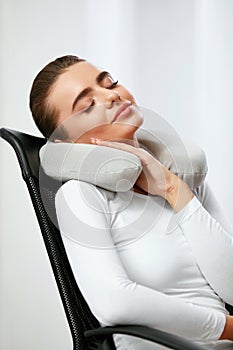Travel Pillow. Woman With Pillow On Neck.