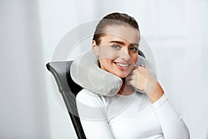 Travel Pillow. Woman With Pillow On Neck.