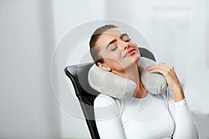 Travel Pillow. Woman With Pillow On Neck.