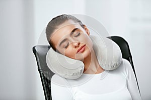 Travel Pillow. Woman With Pillow On Neck.