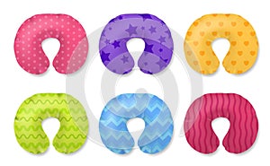 Travel pillows. Orthopedic cervical relaxing accessory with different colorful patterns. Comfortable dream in bus or