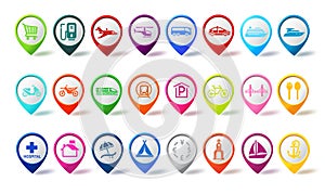 Travel pin icon vector set. Colorful travel map icons navigation pins with different sign for marker and sign.