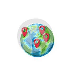 Travel pins on globe with world map, global worldwide trip around continents of Earth