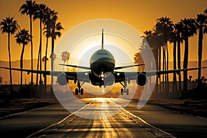 A Travel Plane Landing on the Runway. Background with Sunset, Palms, Mountains.