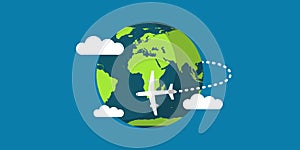 Travel plane world earth vector illustration travel map concept. Fly around golbe planet vacation trip direction network