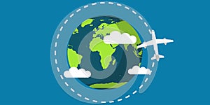 Travel plane world earth vector illustration travel map concept. Fly around golbe planet vacation trip direction network