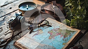 Travel planning concept on map with camera and glasses