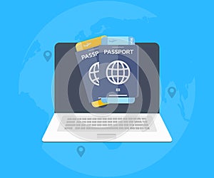 Travel planning on laptop computer logo design. Business travel traveling map world concept vector design and illustration.