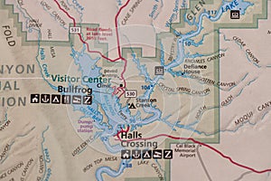 Travel planning to USA, Lake Powell area, map detail of Lake Powell, AZ