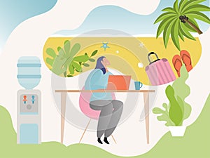 Travel planning vector illustration, cartoon flat happy woman character using laptop for summer adventure plans, dream